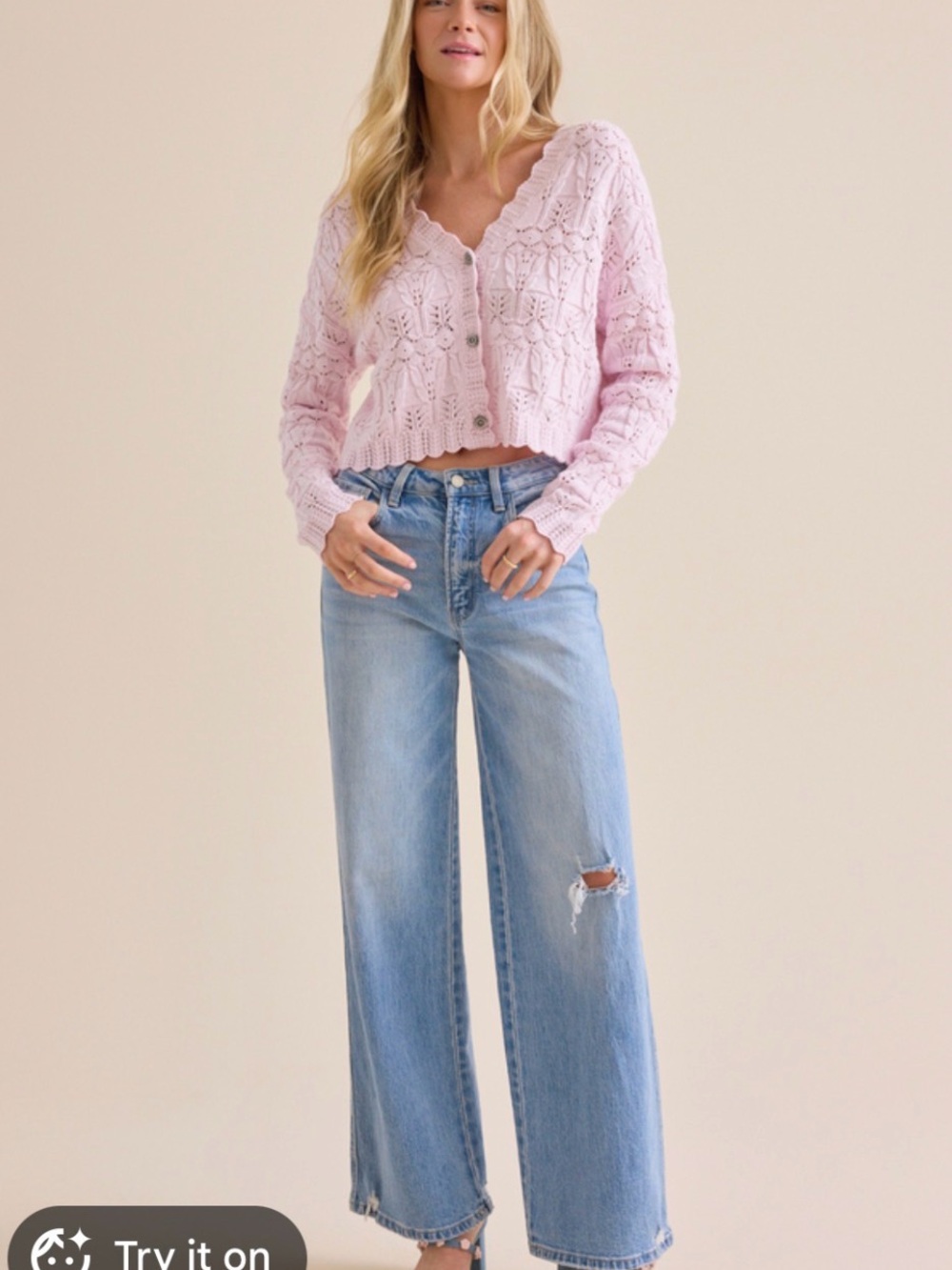 Altar'd State Pale Pink Lace Knit Button Cardigan - Picture 2 of 7
